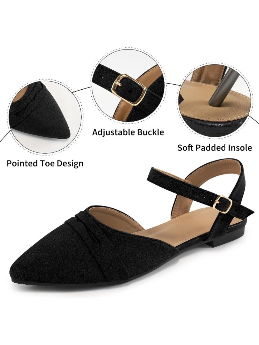 Women's Black Slingback Closed Pointed Toe Comfortable Dressy Flat Casual Shoes - Picture 4 of 6